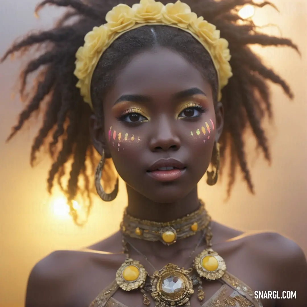 A woman adorned with a radiant yellow headpiece, matching necklace, and earrings. Her warm, golden accessories pop against the backdrop, in a captivating shade of NCS S 4055-Y10R.