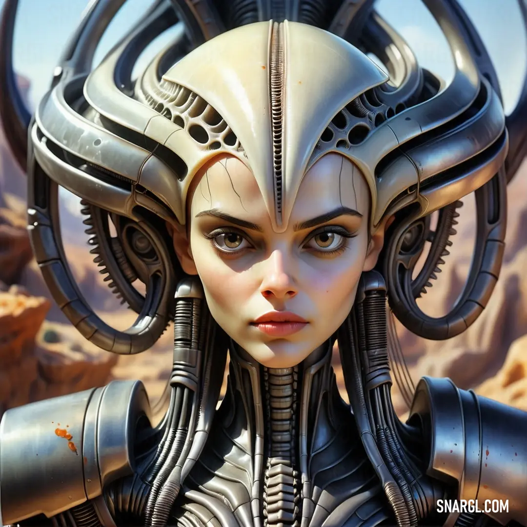 Woman with a weird head and a strange face in a futuristic environment with mountains and rocks in the background