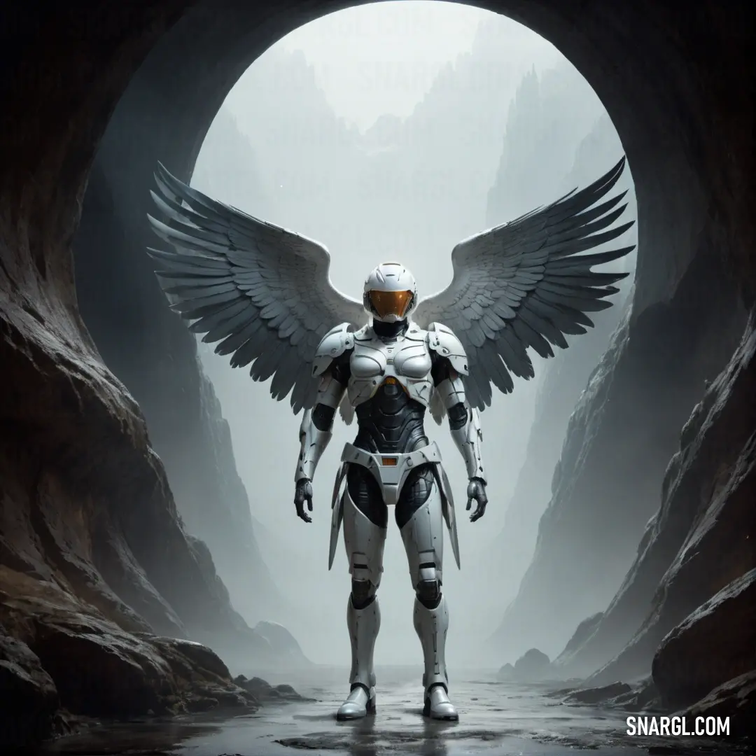 Man in a futuristic suit with wings on his chest and a helmet on his head standing in a tunnel. Color NCS S 4502-R.