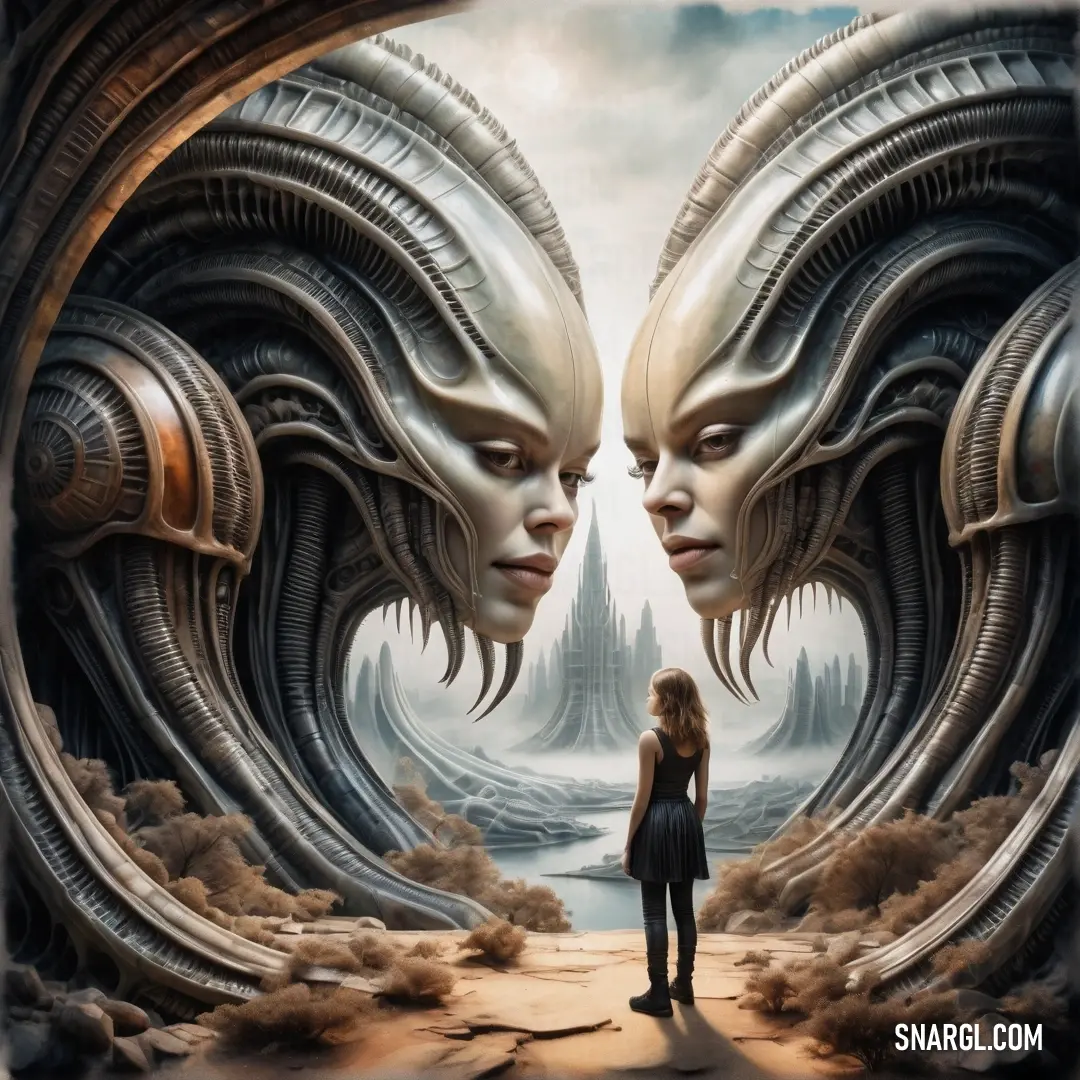 Woman standing in front of a giant alien head with a city in the background