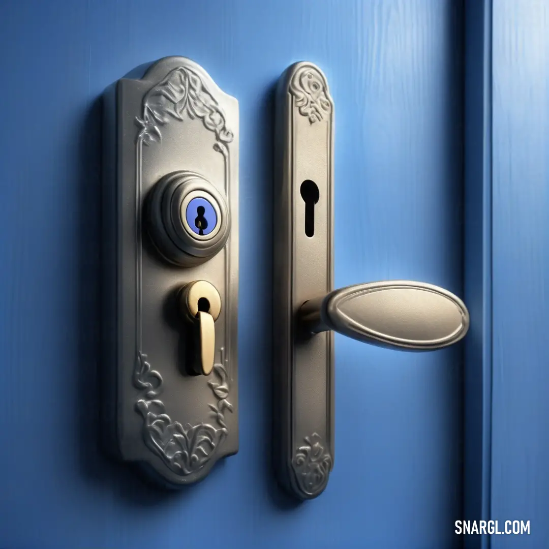 Door handle with a key and a lock on it, with a blue background. Example of #86867E color.