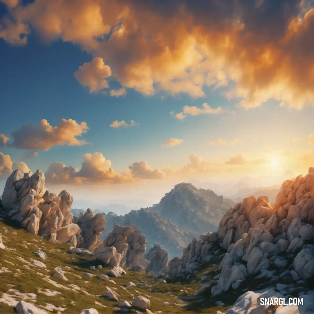 Painting of a mountain landscape with rocks and grass and a sky with clouds and sun shining through the clouds