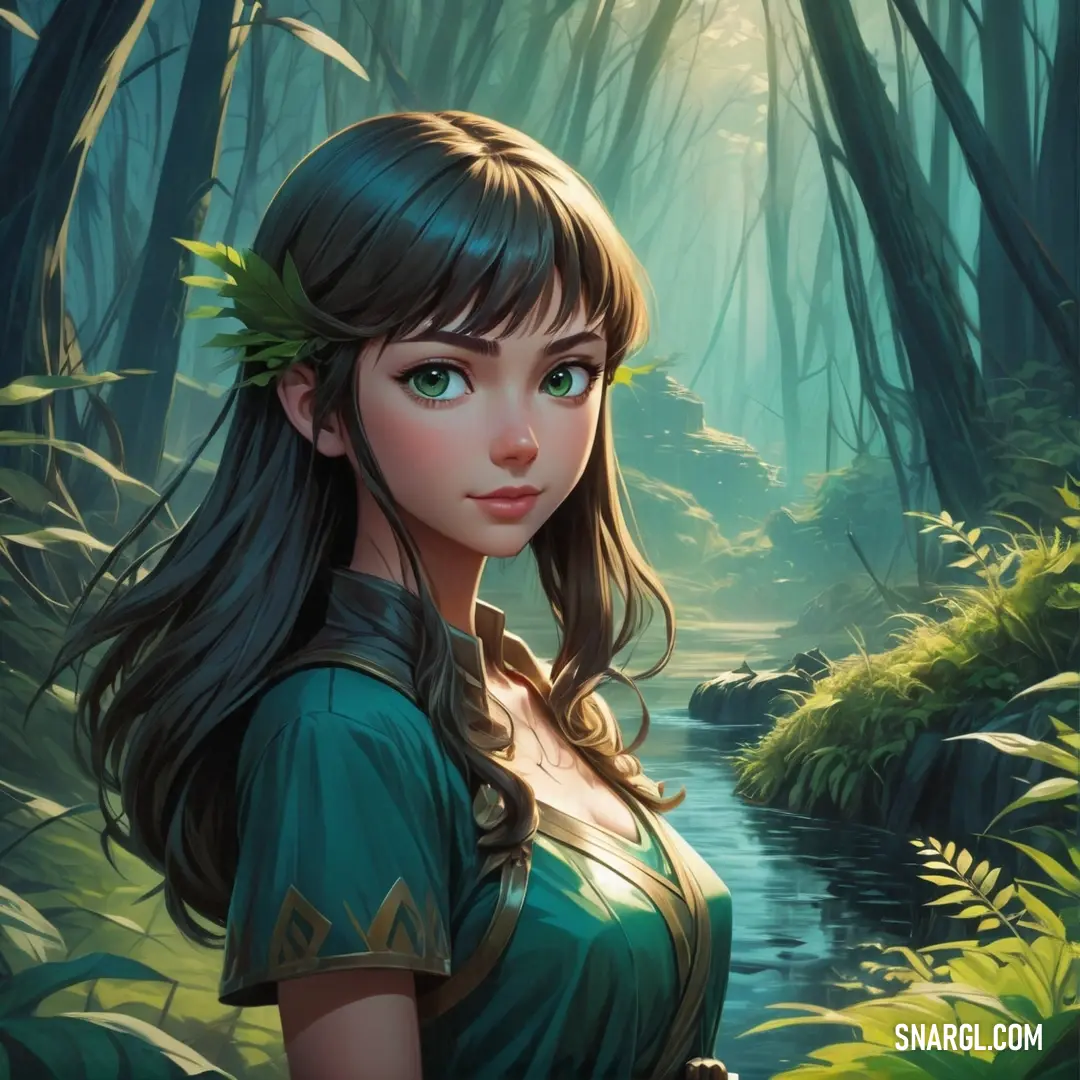 Woman in a green dress standing in a forest with a stream of water in her hand. Example of CMYK 100,0,35,60 color.