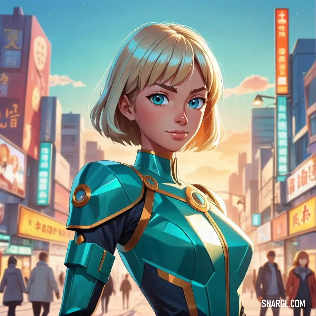 Woman in a futuristic suit standing in the middle of a city street with people walking around her. Example of RGB 0,87,93 color.