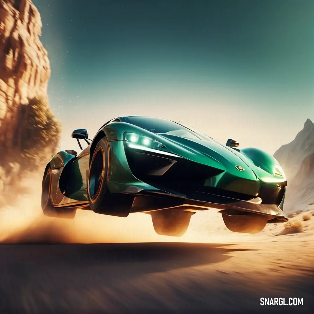 Green sports car driving through a desert landscape with rocks and sand in the background. Color CMYK 100,0,50,57.