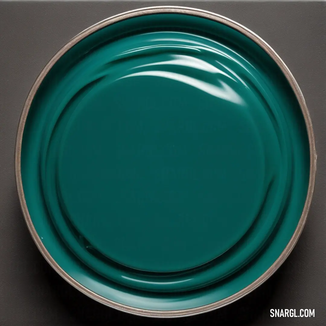 Green plate with a silver rim on a gray surface with a black background. Example of CMYK 100,0,50,57 color.