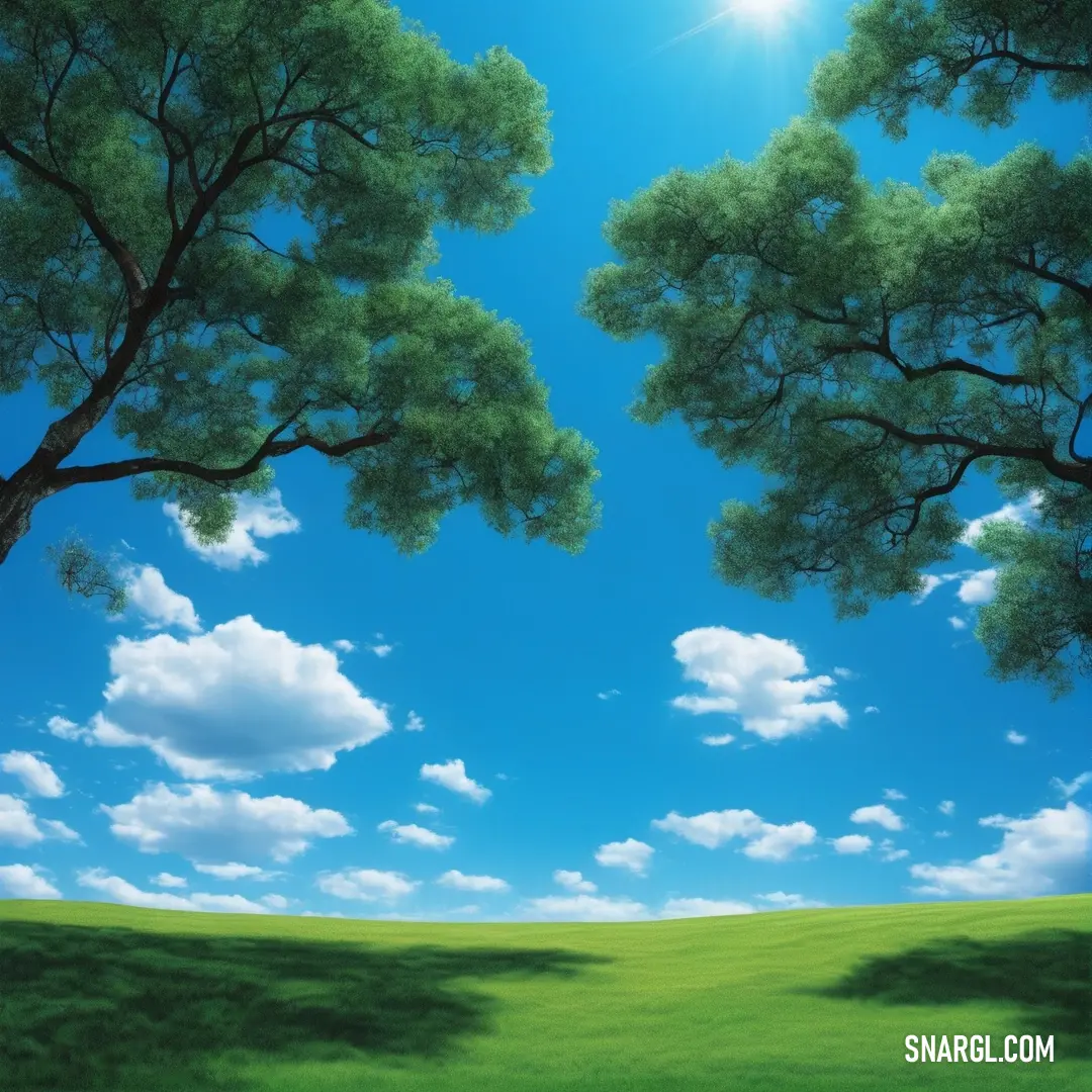 Painting of a green field with trees and a bright blue sky with clouds above it and a sun shining through the clouds