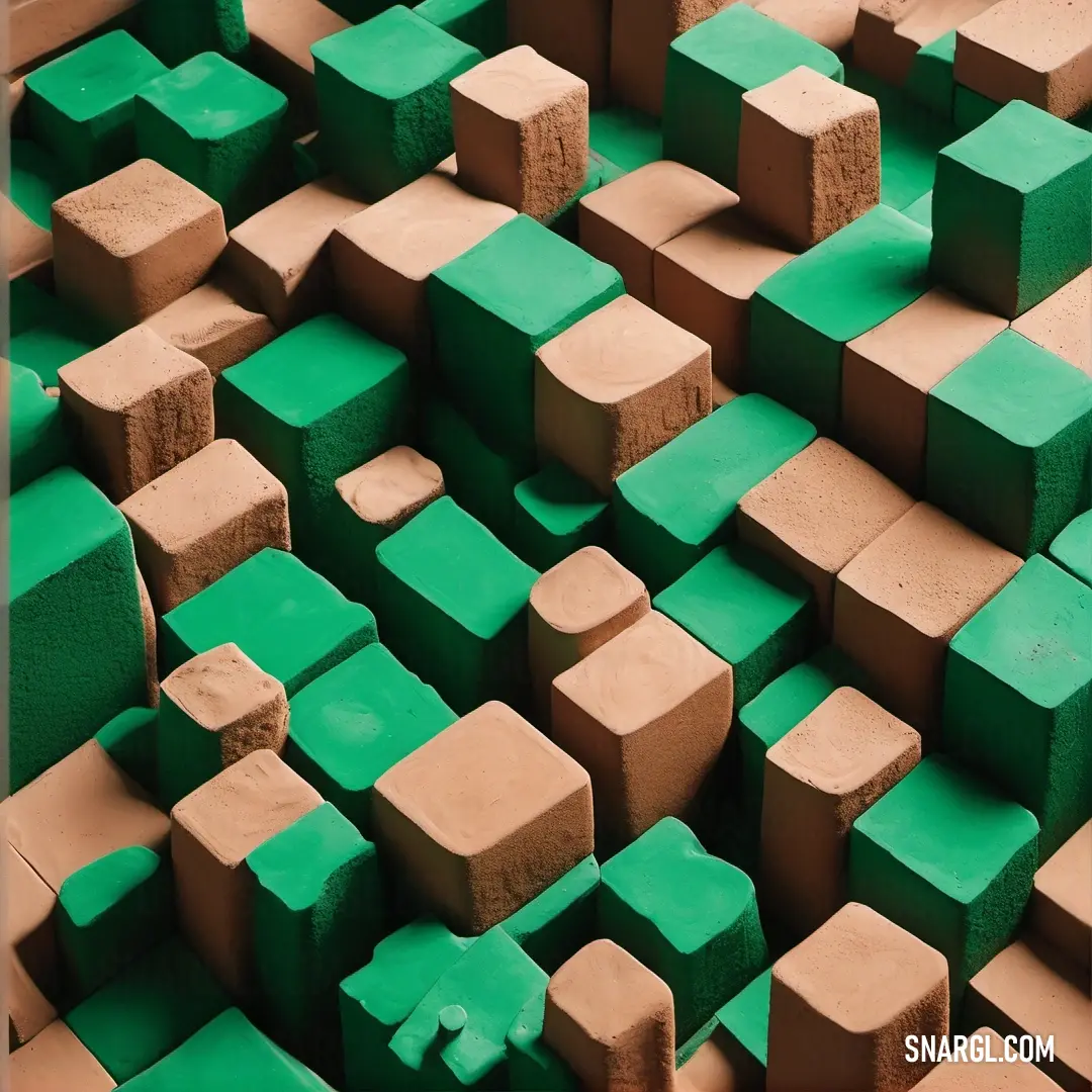 Large group of green and brown blocks of wood and bricks of varying sizes and shapes. Example of #00552E color.