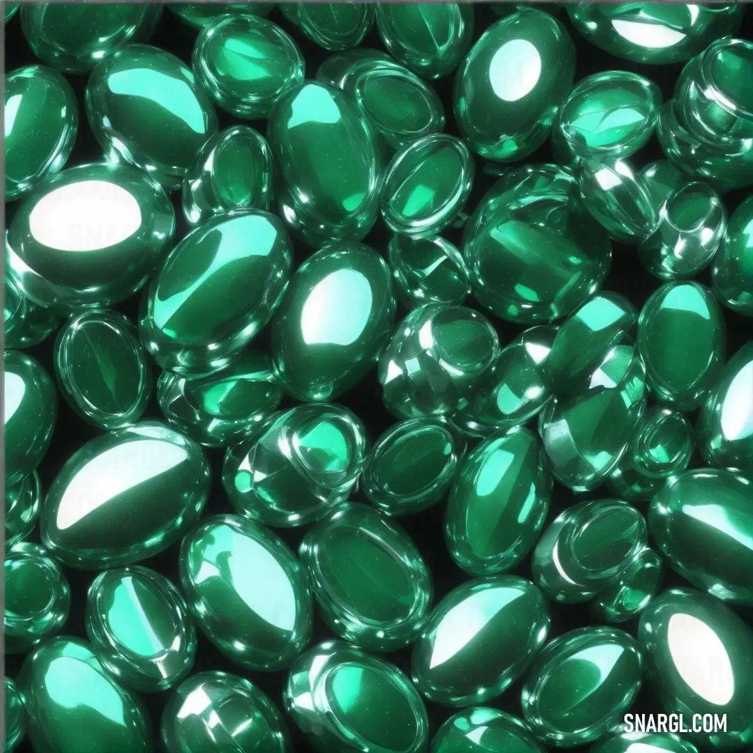 Close up of a bunch of green jelly beans in a pile with a white border around the edges. Example of CMYK 100,0,93,55 color.