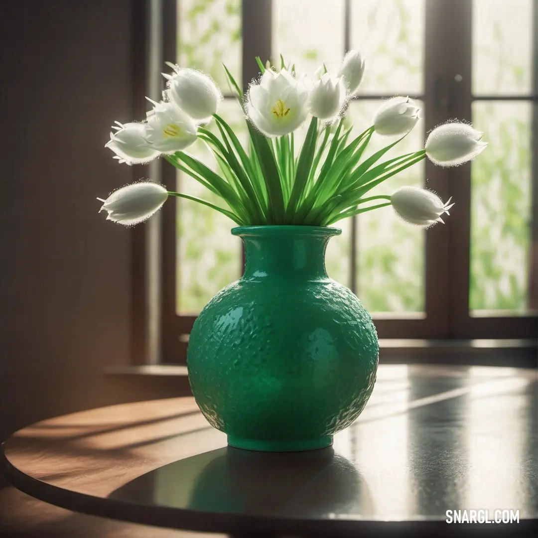 Green vase with white flowers on a table in front of a window with sunlight streaming through the window. Color CMYK 100,0,93,55.