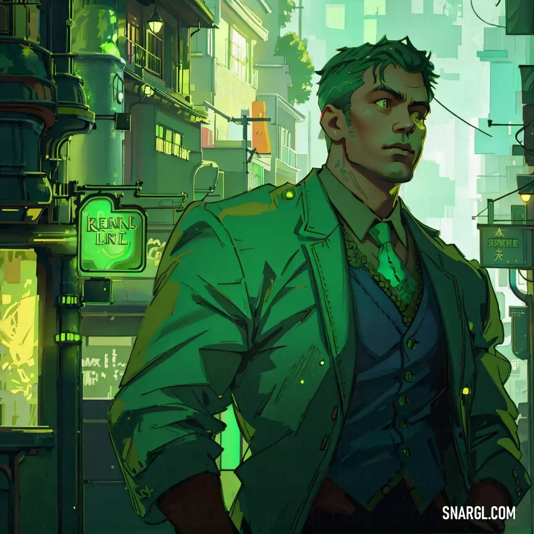 Man in a green suit standing in a city street with a neon green background. Color RGB 0,85,46.