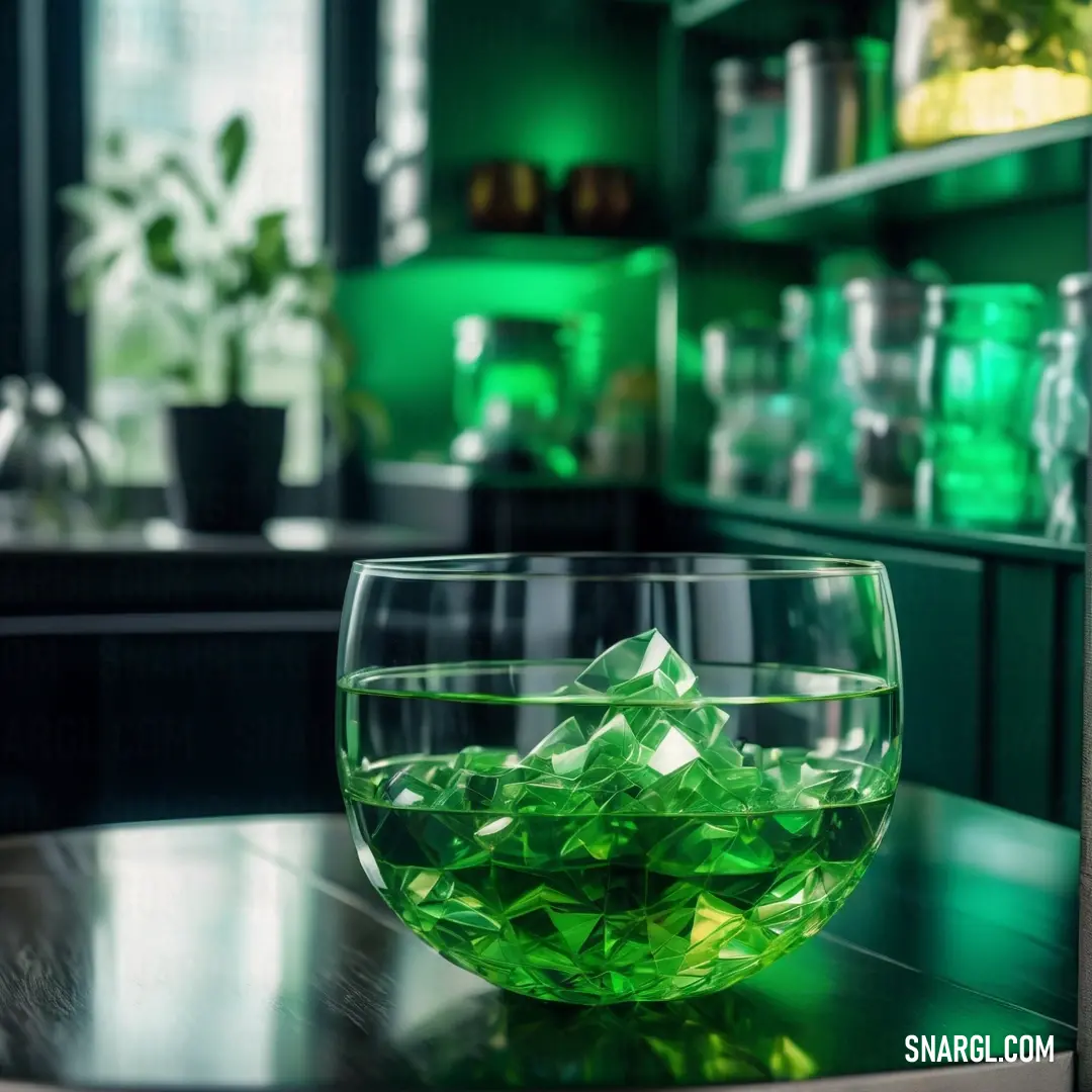 Bowl of green liquid on a table in a kitchen with green walls and shelves behind it and a potted plant. Color #00591E.