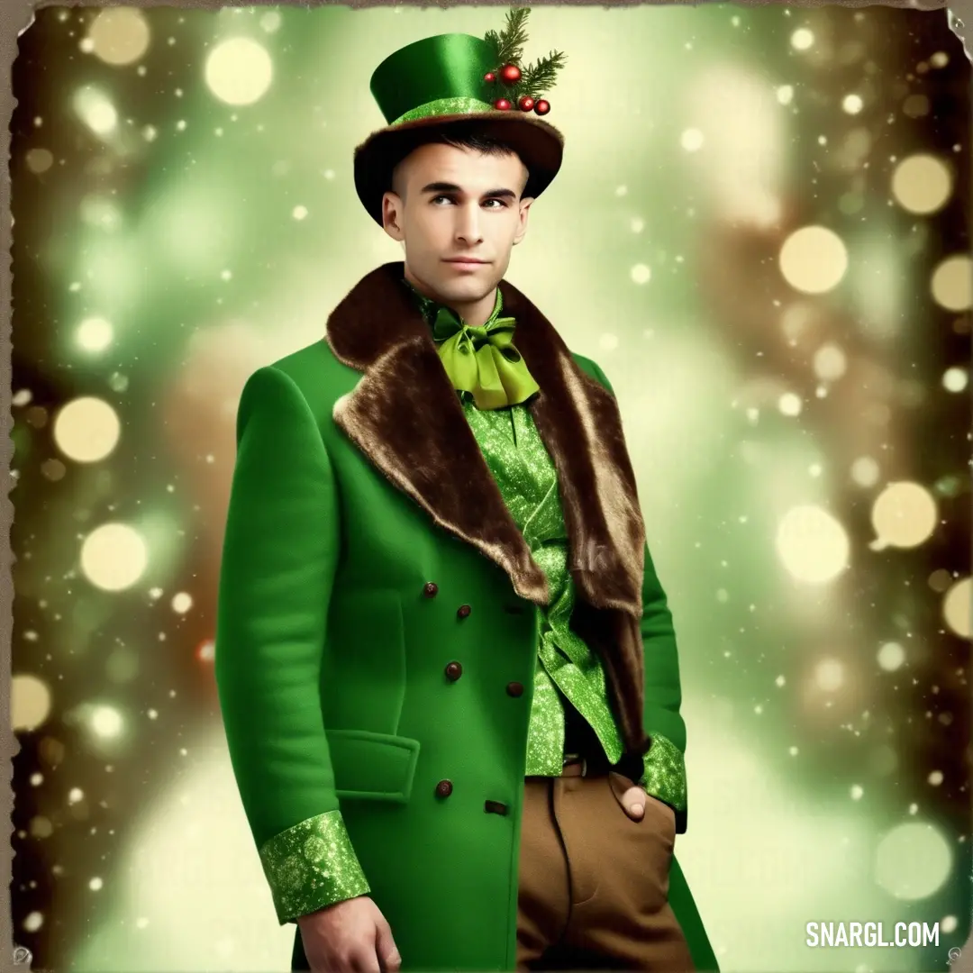 NCS S 4550-G20Y color. Man in a green suit and hat with a fur collar and a green coat and a green bow tie