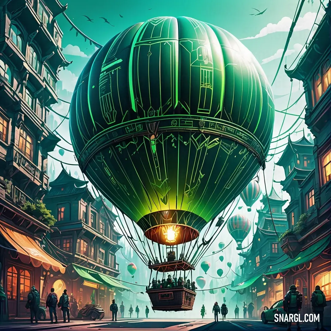 Painting of a hot air balloon flying over a city at night with people walking around it and a person walking on the sidewalk
