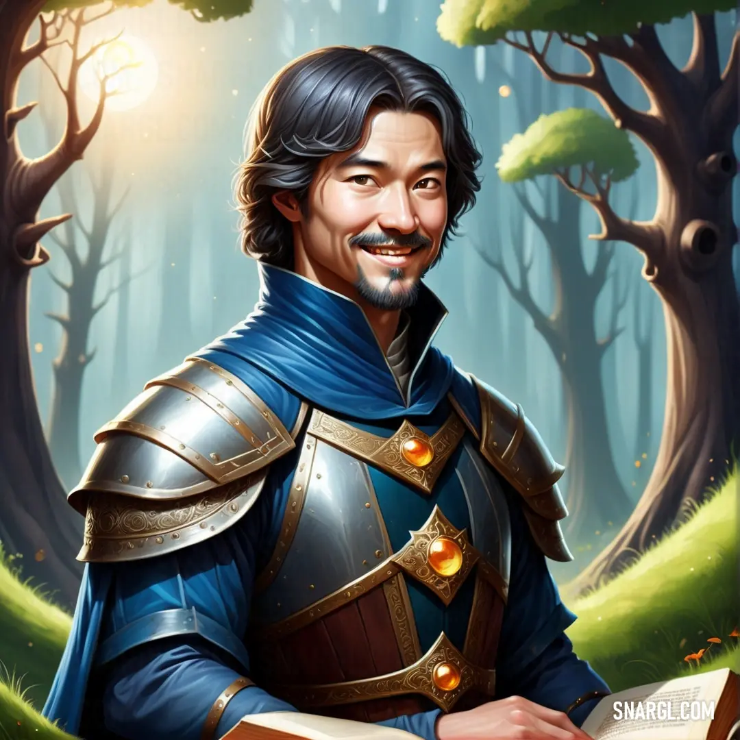Man in a suit of armor holding a book in a forest with trees and grass behind him. Color NCS S 4550-R80B.