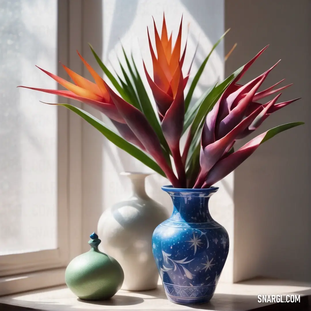 Vase with flowers in it on a window sill next to a vase. Color #003C69.