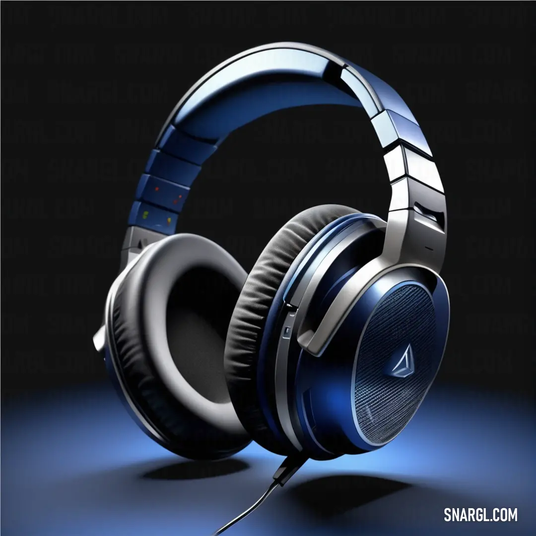 Pair of headphones with a blue light on the side of it. Color NCS S 4550-R90B.