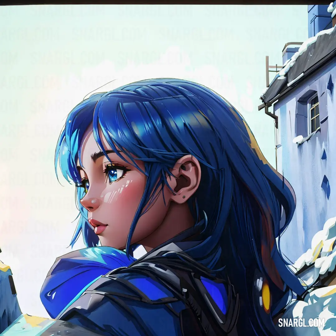 Woman with blue hair and a backpack looking off into the distance with a building in the background. Color NCS S 4550-R90B.