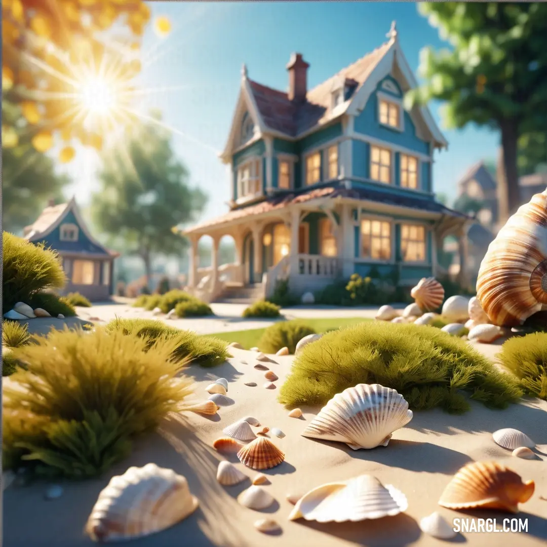 House with a lawn and shells on the ground in front of it. Color CMYK 0,28,100,53.