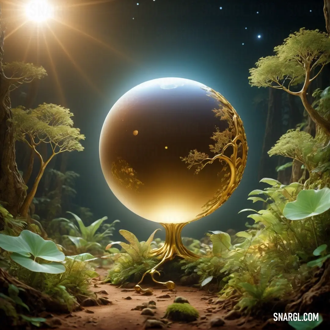 Large golden sphere in the middle of a forest at night with a bright light shining on it. Example of CMYK 0,28,100,53 color.