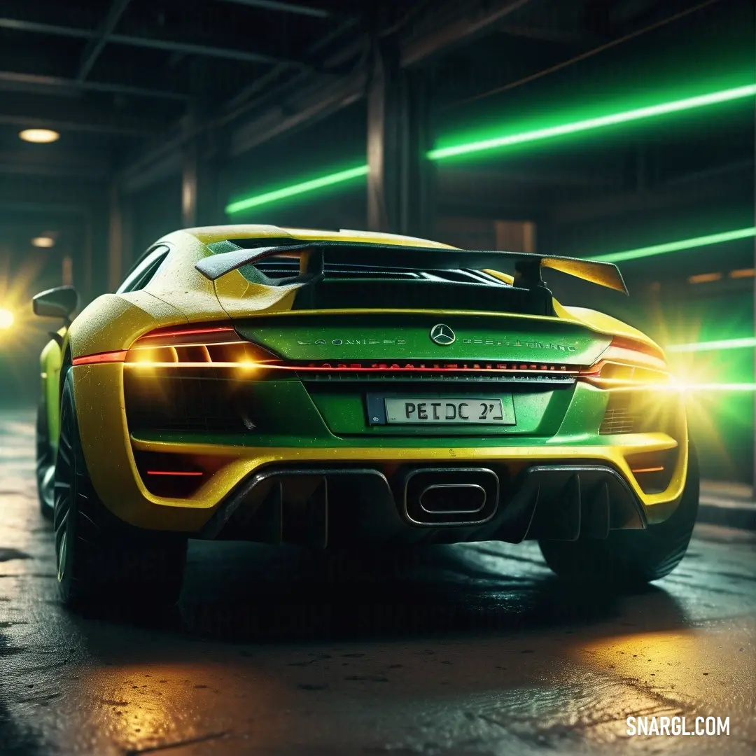Yellow and green sports car in a parking garage with green lights on the side of it's roof. Example of RGB 129,99,0 color.
