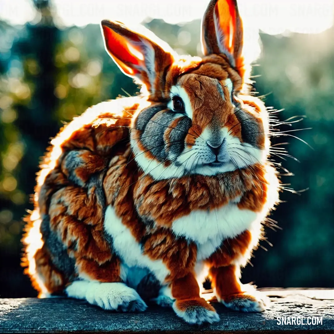 Stuffed rabbit on top of a wooden table next to trees and a forest in the background. Example of CMYK 0,62,100,50 color.