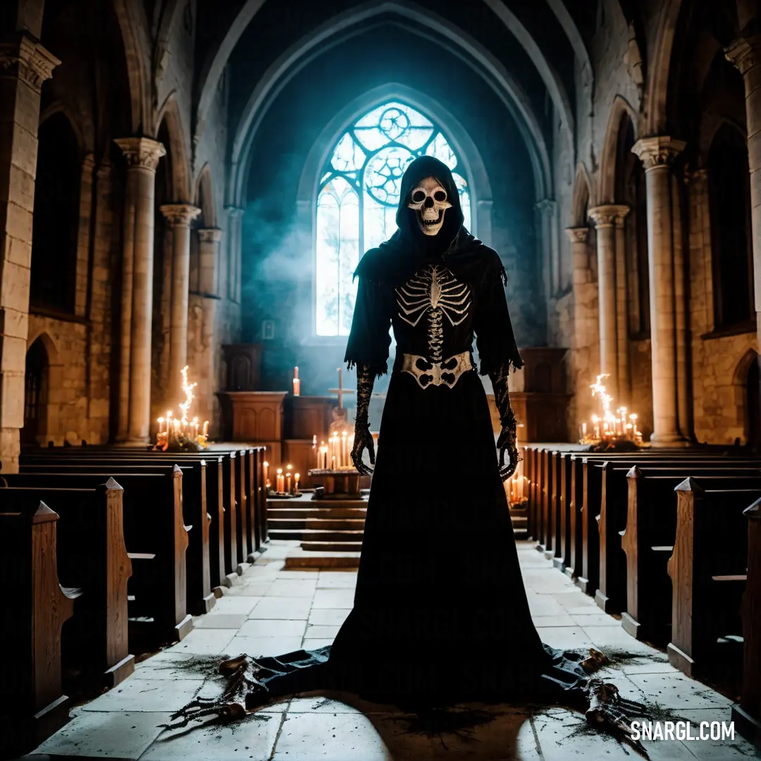 Skeleton in a black dress stands in a church with candles in the background. Example of #883F00 color.