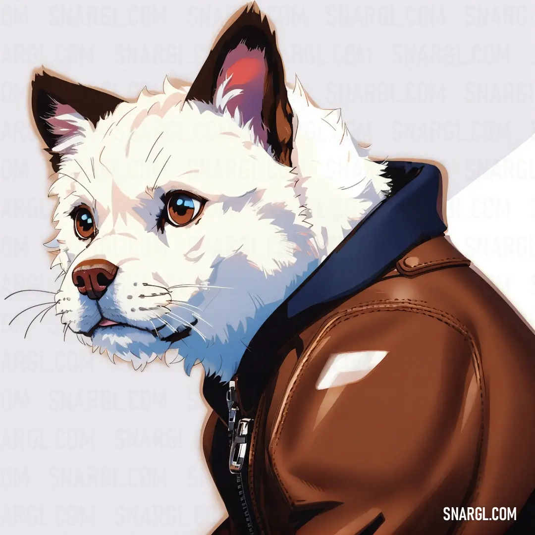 White dog wearing a brown leather jacket with a blue collar. Example of CMYK 0,62,100,50 color.