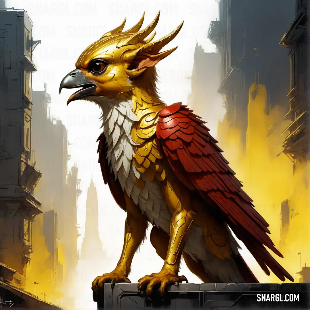 Bird with a golden body and red wings on a ledge in a cityscape with flames in the background. Example of CMYK 0,82,90,52 color.