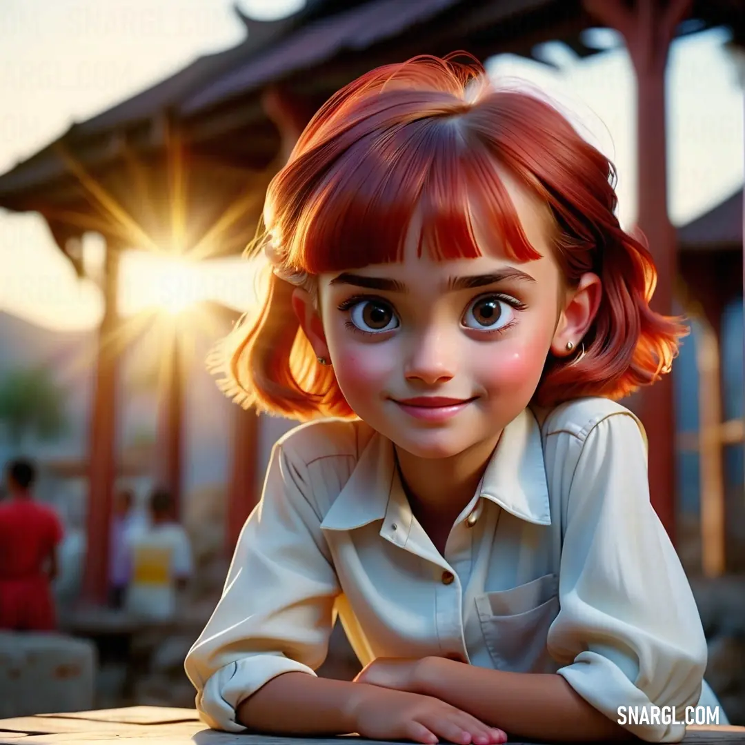 Cartoon girl with red hair and a white shirt is leaning on a table and smiling at the camera. Color RGB 125,29,3.