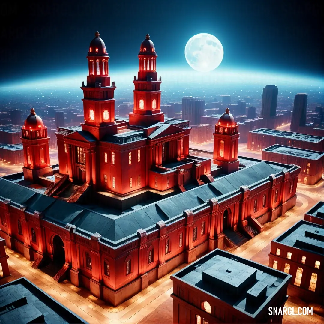 Large building with a clock tower on top of it's roof and a full moon in the background. Example of NCS S 4550-Y70R color.