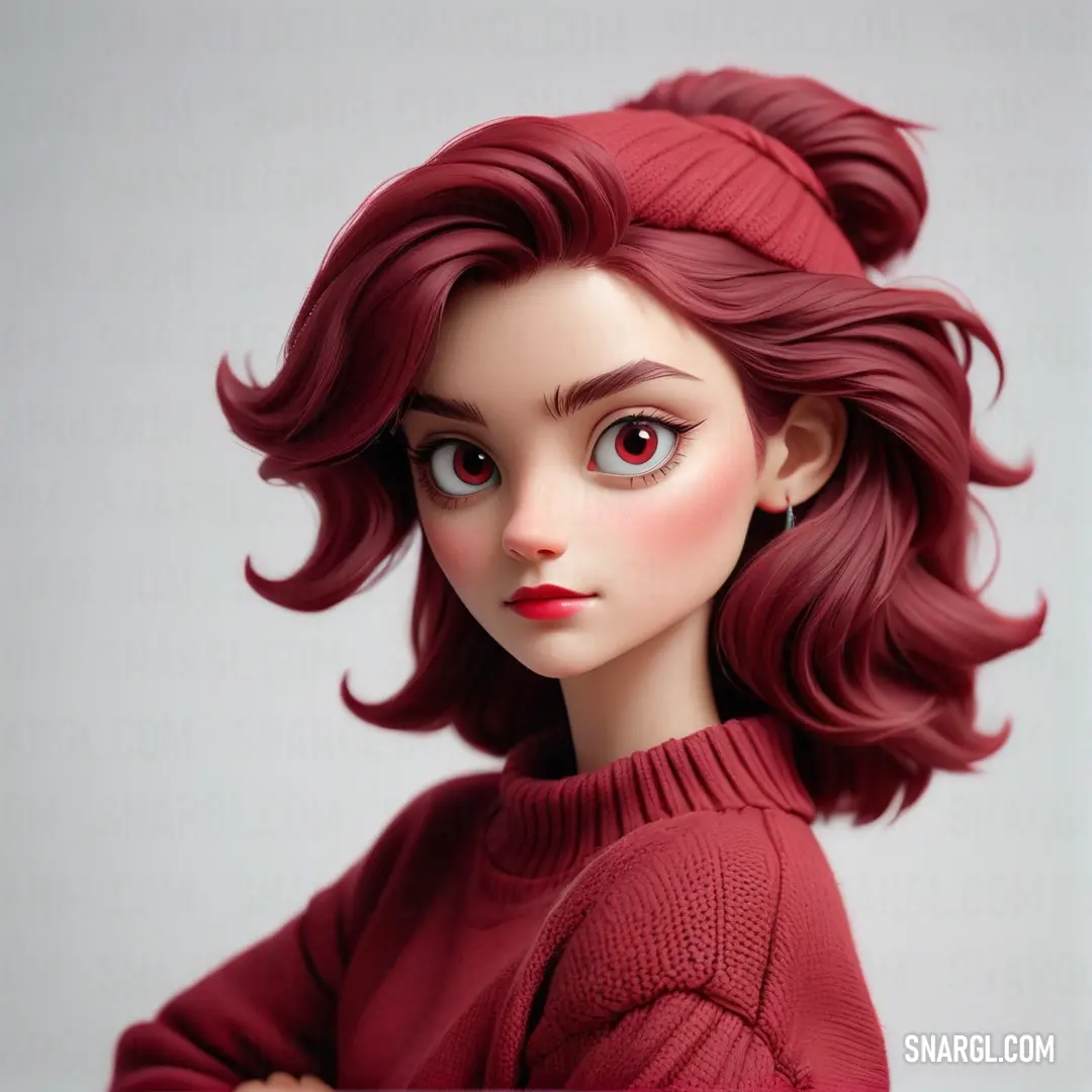 Doll with red hair and a red sweater on a white background. Color CMYK 0,95,90,60.