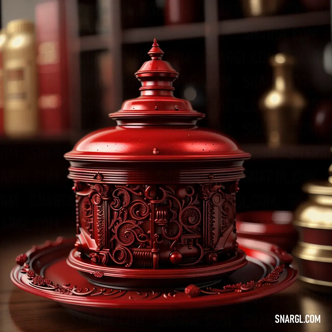 Red metal container on top of a wooden table next to a book shelf filled with books and other items. Example of RGB 107,11,10 color.