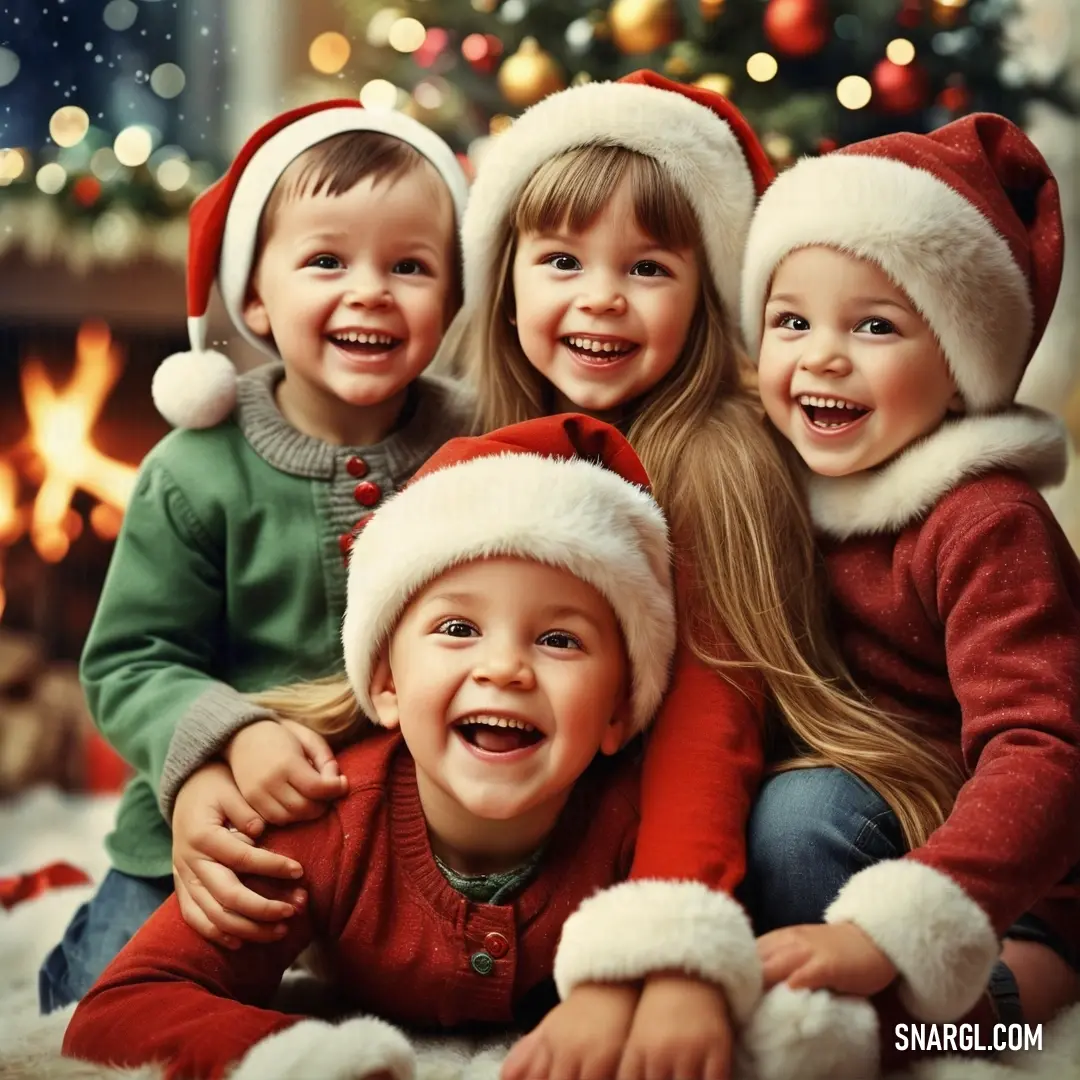 Three children in christmas hats are posing for a picture together in front of a christmas tree with a lit fireplace