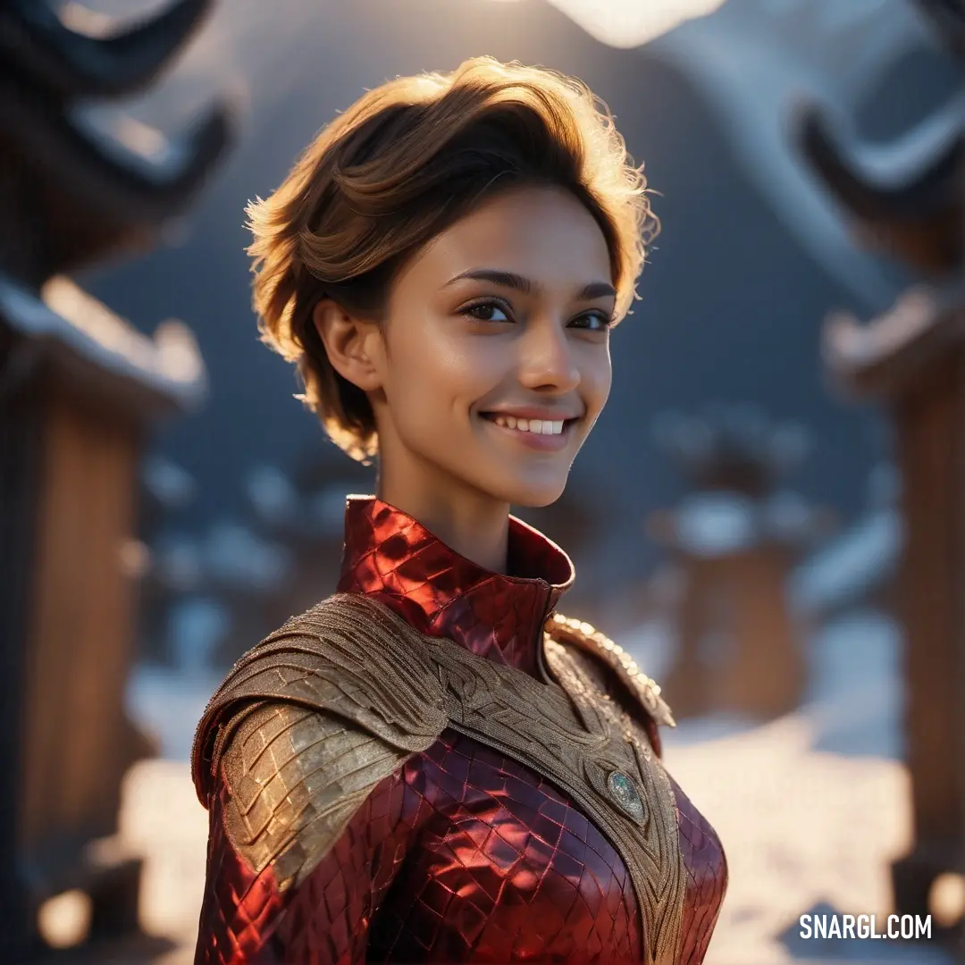 Woman in a red and gold outfit smiling at the camera with a mountain in the background. Color NCS S 4550-Y80R.