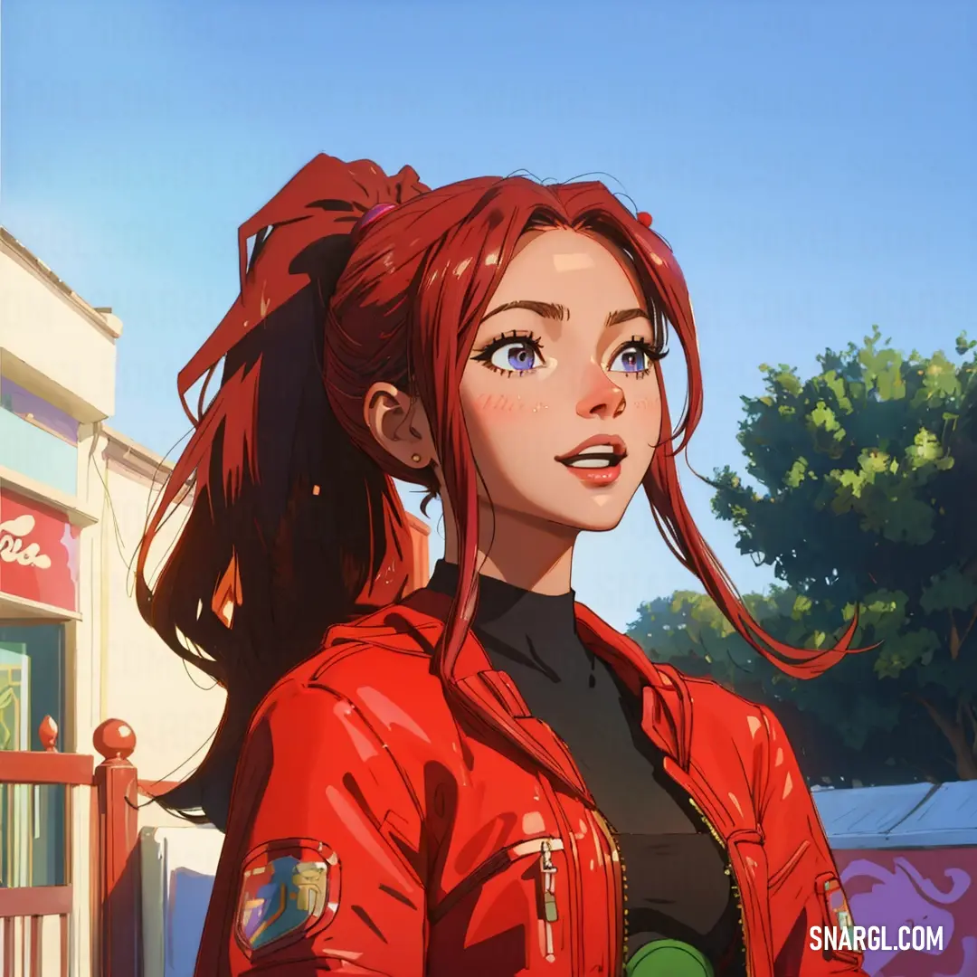 Woman with red hair and a red jacket on standing in front of a building with a tree in the background. Example of #6B0E12 color.