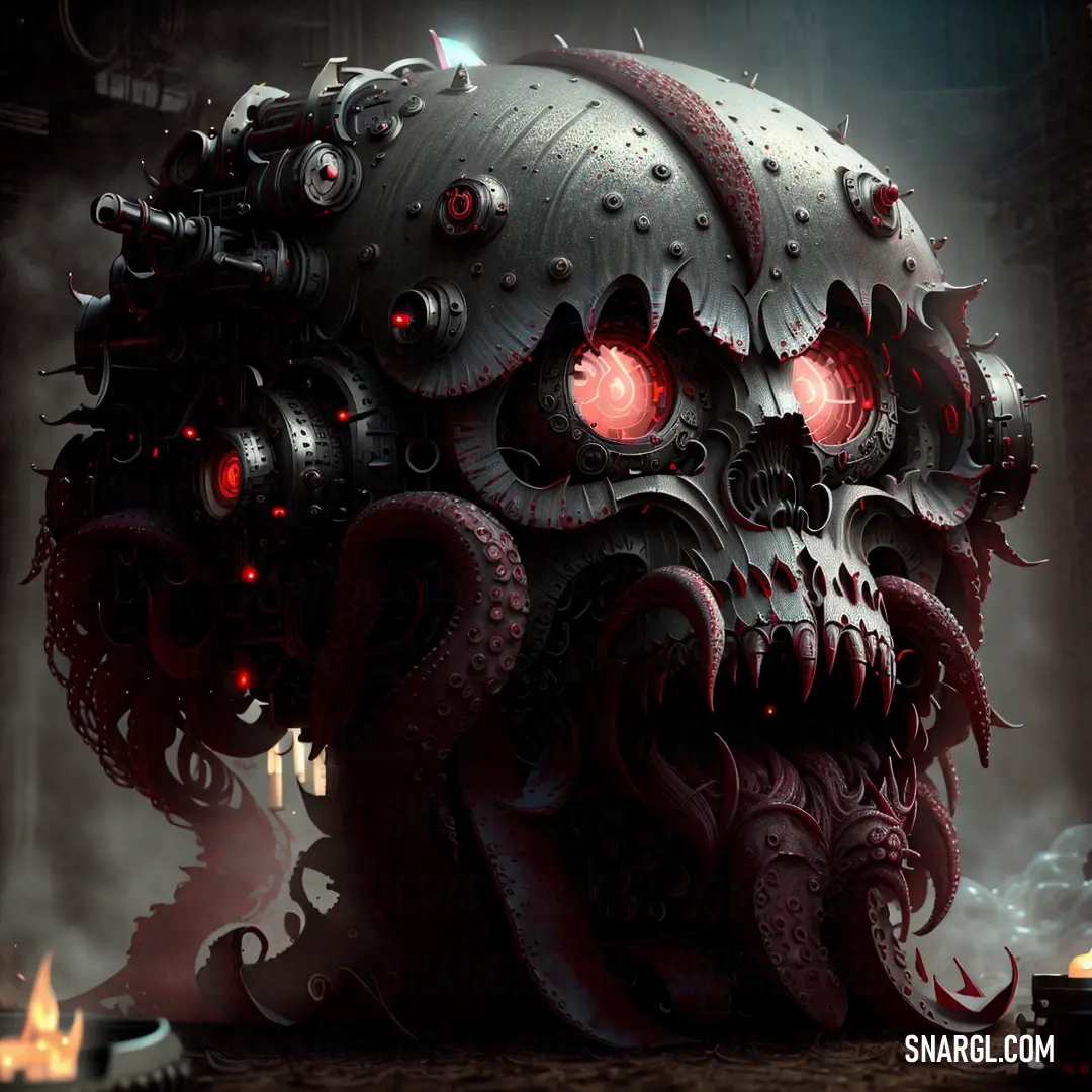 NCS S 5000-N color. Giant mechanical skull with red eyes and a large head with a massive headpiece on it's head