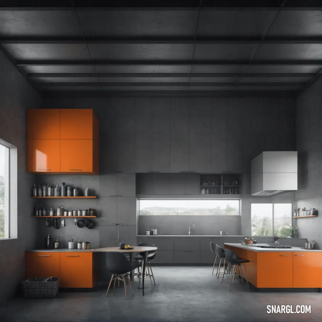 NCS S 5005-R20B color. Kitchen with orange cabinets and a table and chairs in it and a window in the background