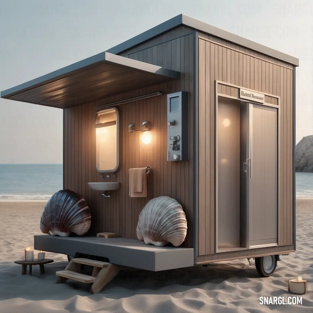 Small bathroom on a beach with a light on above it and a sea shell on the ground next to it. Example of NCS S 5005-R20B color.