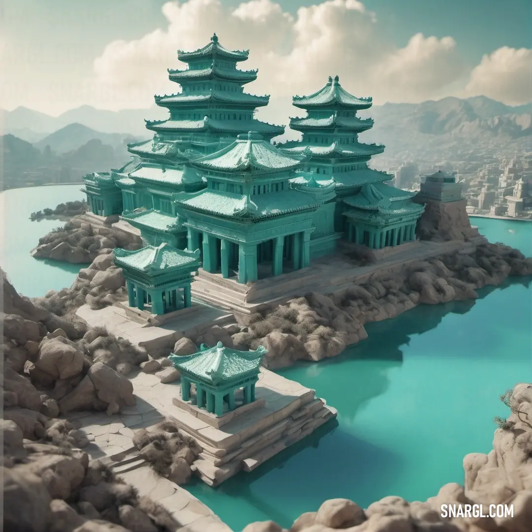 Large building on top of a lake surrounded by rocks and water with a sky background. Color RGB 119,109,101.