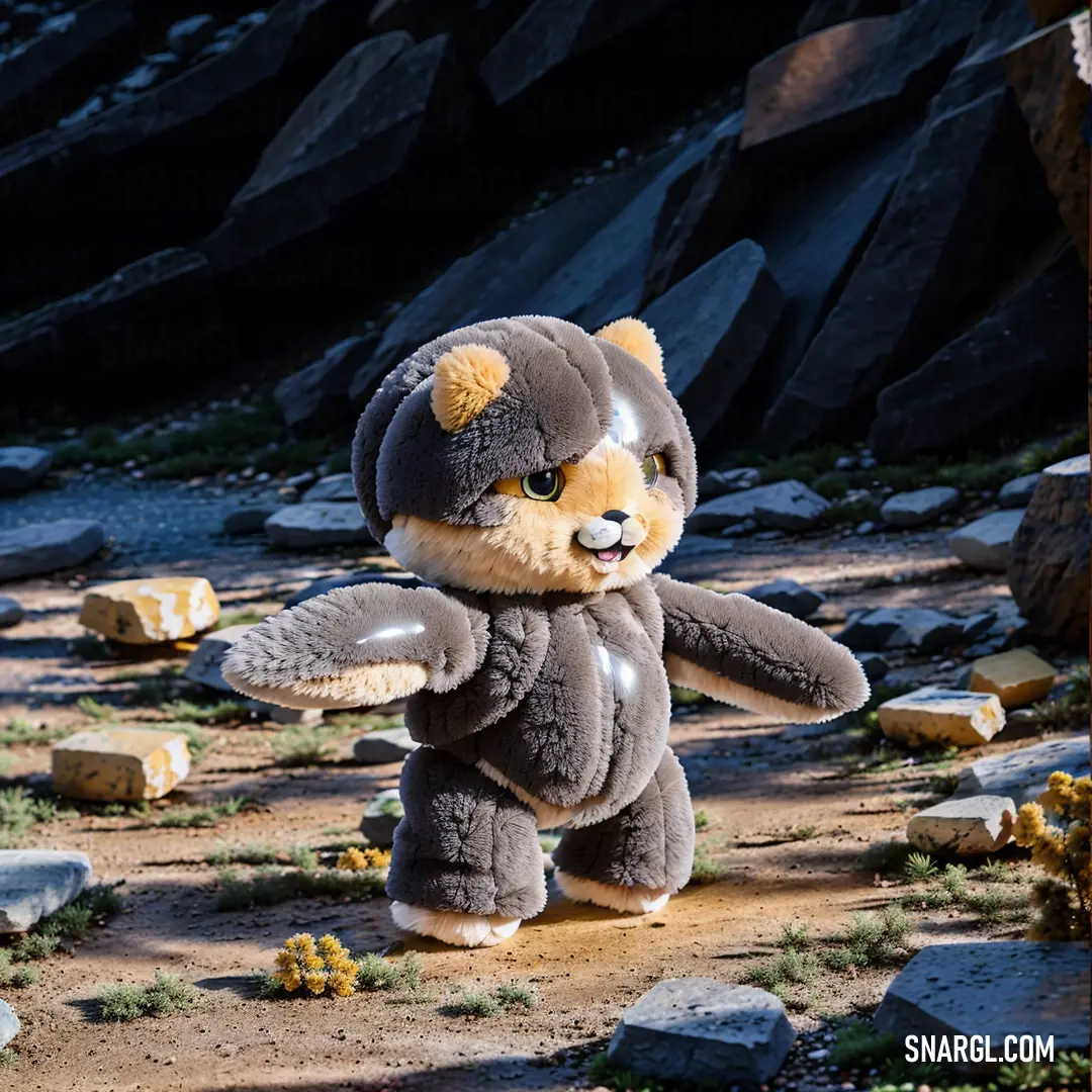 Stuffed animal is standing on a dirt ground with rocks in the background. Example of RGB 119,109,101 color.