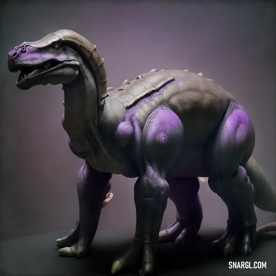 Toy dinosaur with purple paint on it's body and neck and legs. Example of #776D65 color.