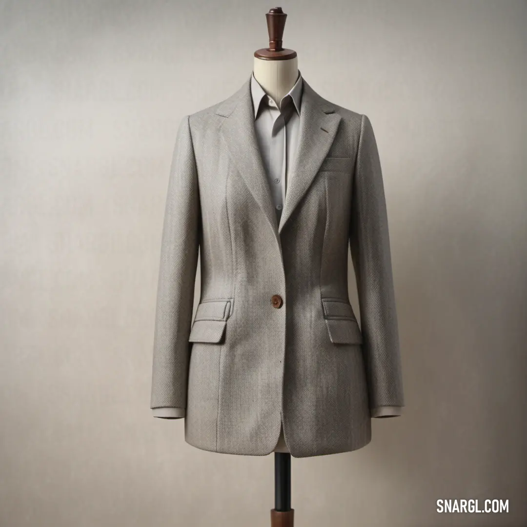 Suit on a mannequin on a table with a white wall behind it and a wooden dummy. Color NCS S 5005-Y80R.