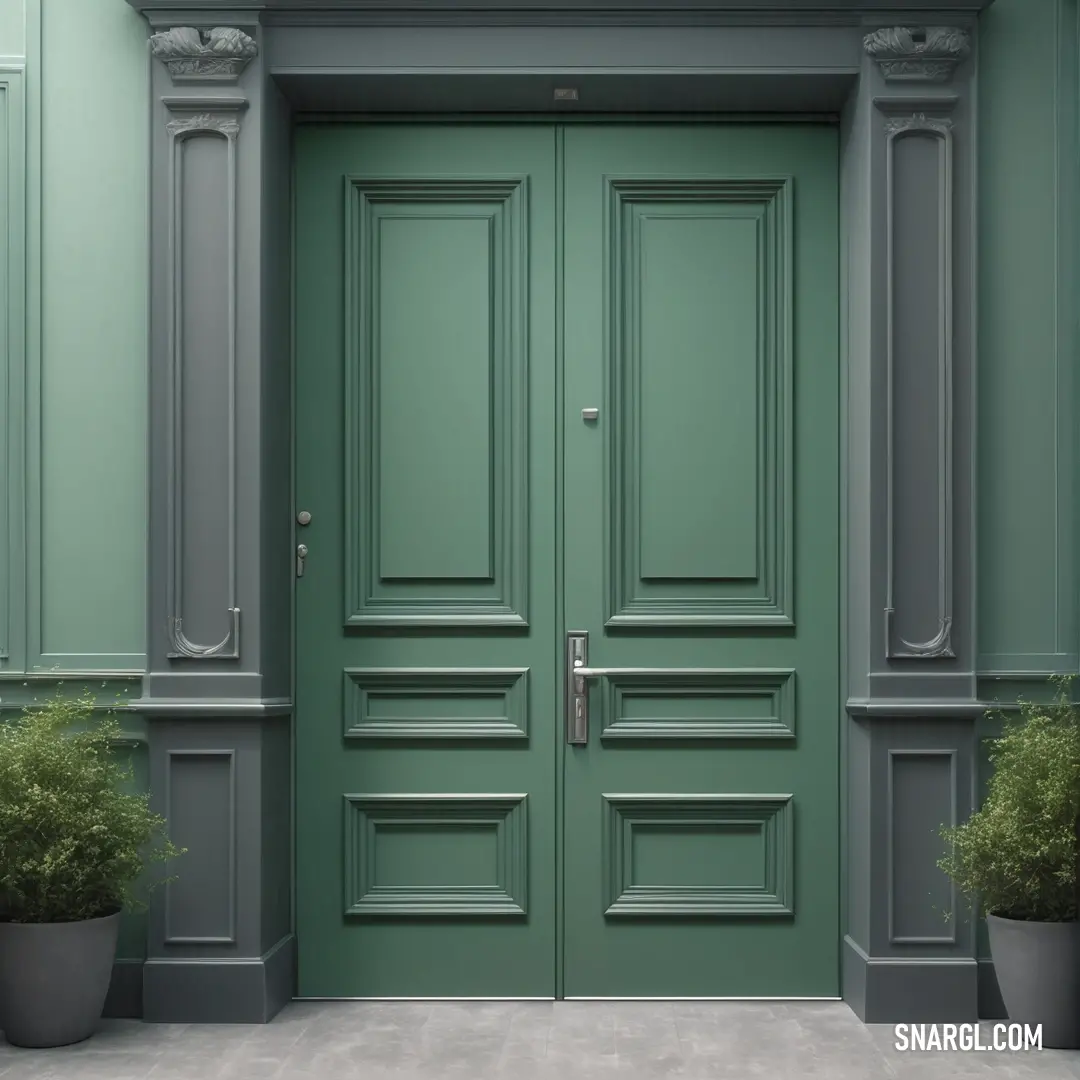 Green door with two planters on either side of it. Example of RGB 90,110,112 color.