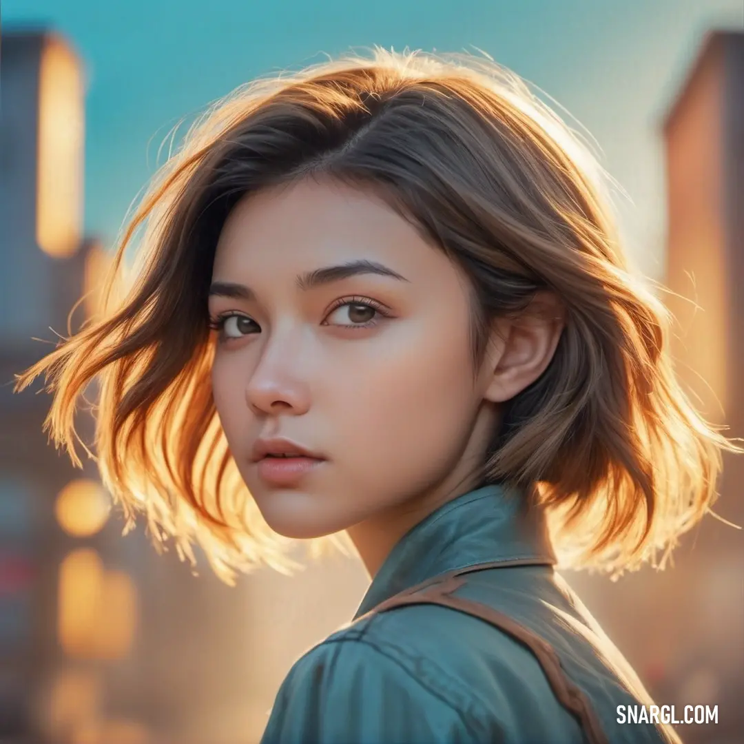 Woman with a short haircut and a green jacket on is looking at the camera with a city in the background. Color CMYK 30,0,10,60.