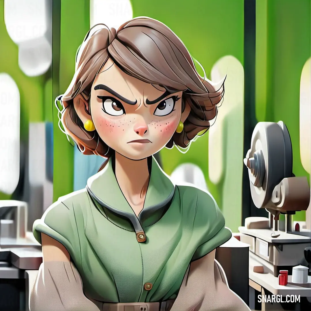 Cartoon of a woman in a green shirt and a machine in the background. Example of NCS S 5010-B90G color.