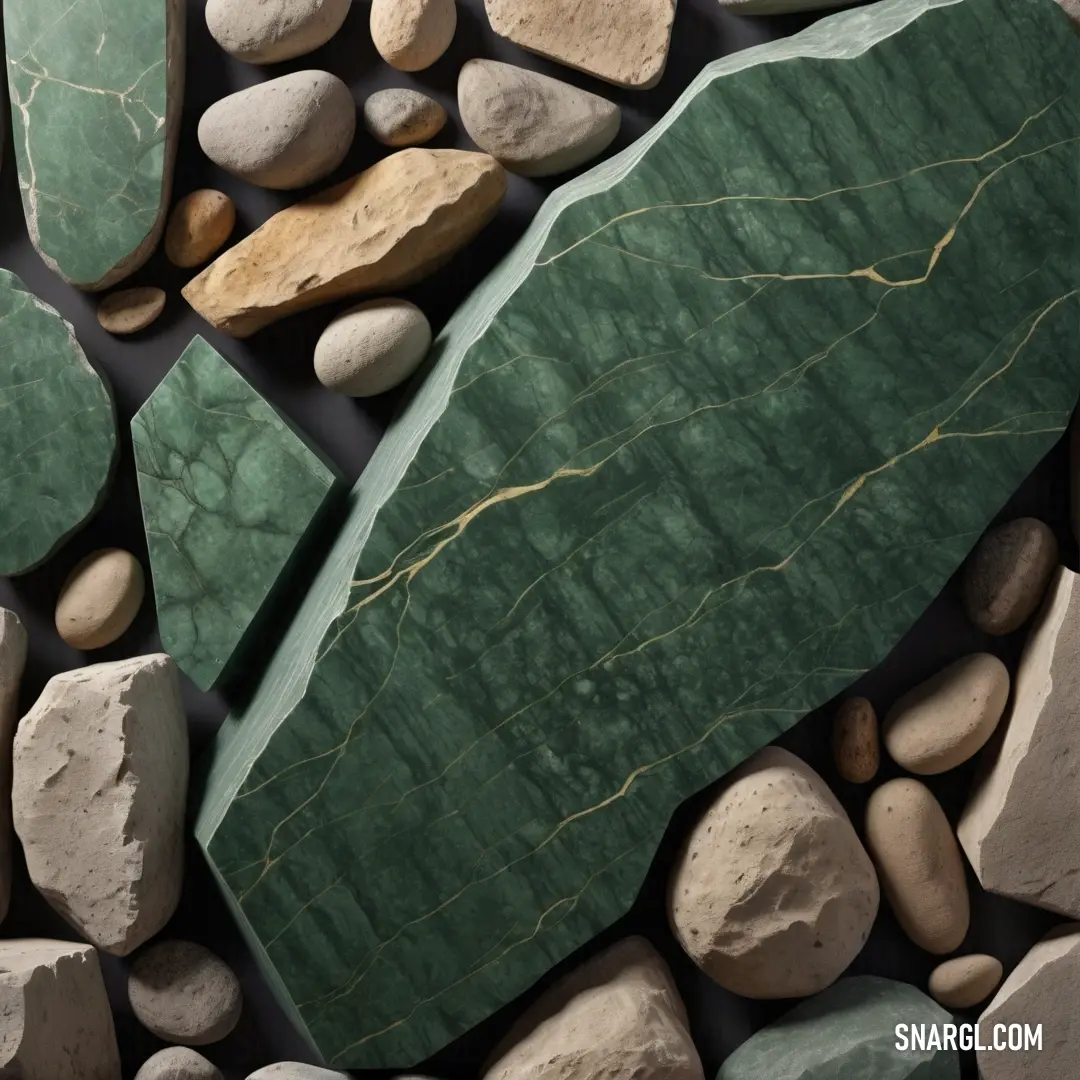 NCS S 5010-B90G color. Green rock and some rocks and a green leaf on a black background