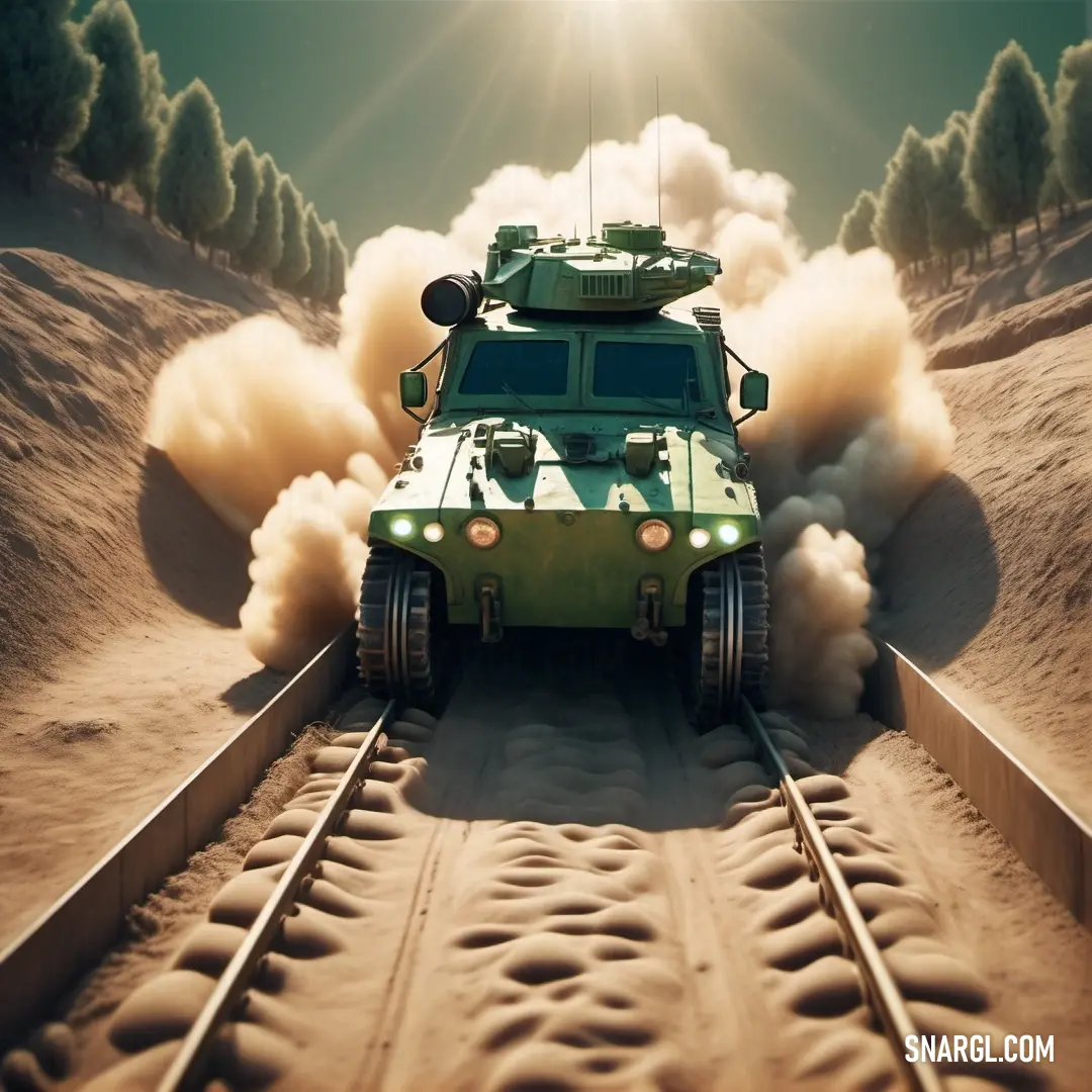 Green vehicle driving down a track with smoke coming out of it's tires and a sky background. Example of RGB 86,113,97 color.