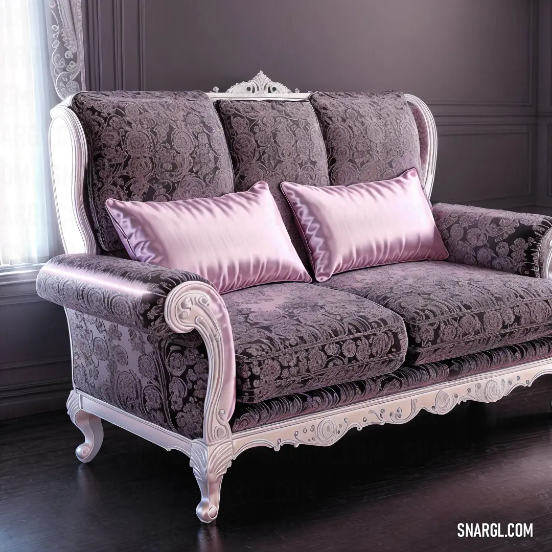 Couch with a pink pillow on it in a room with a window and a wooden floor and a wall. Example of NCS S 5010-R30B color.