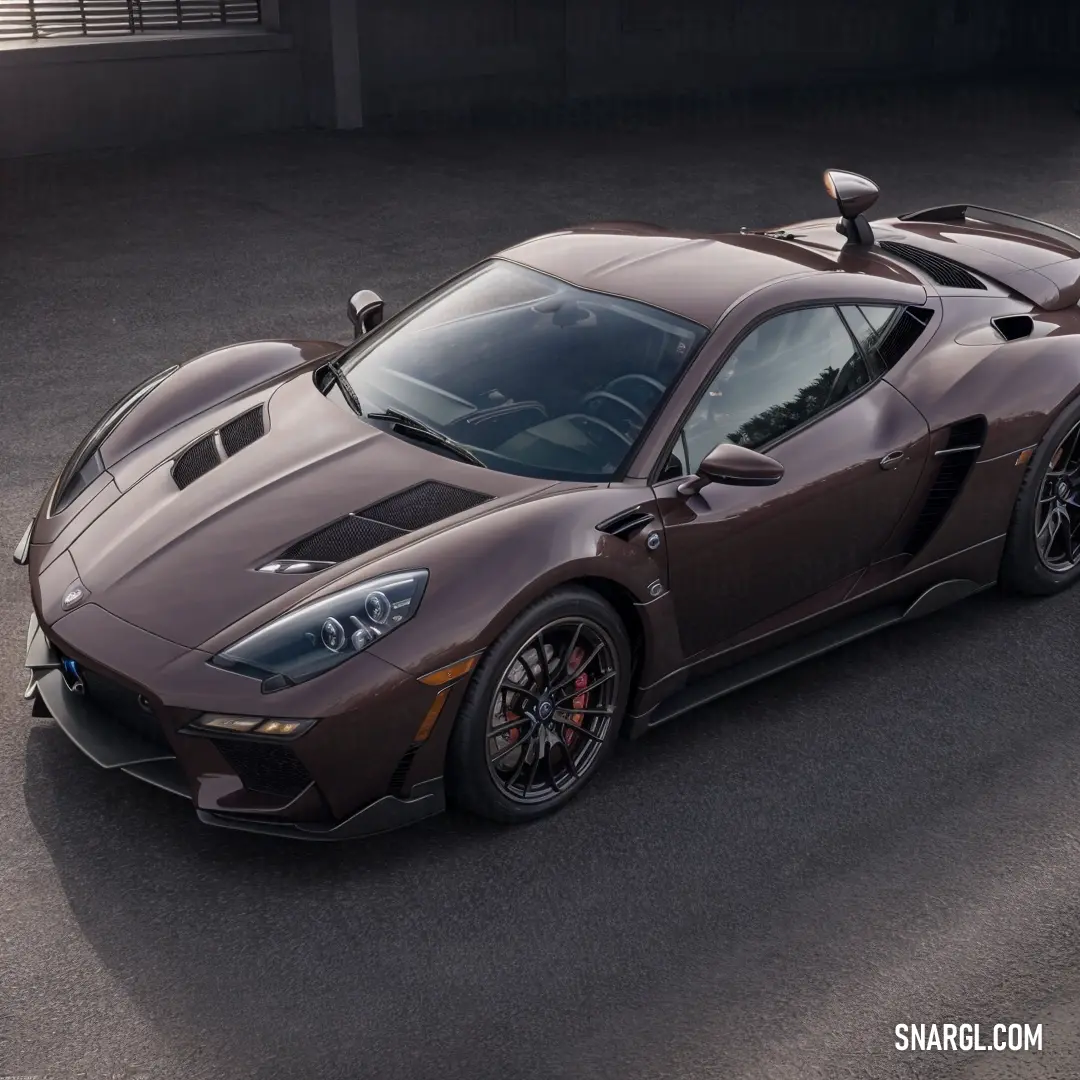 Brown sports car driving down a street next to a parking garage door and a parking meter on the side of the road